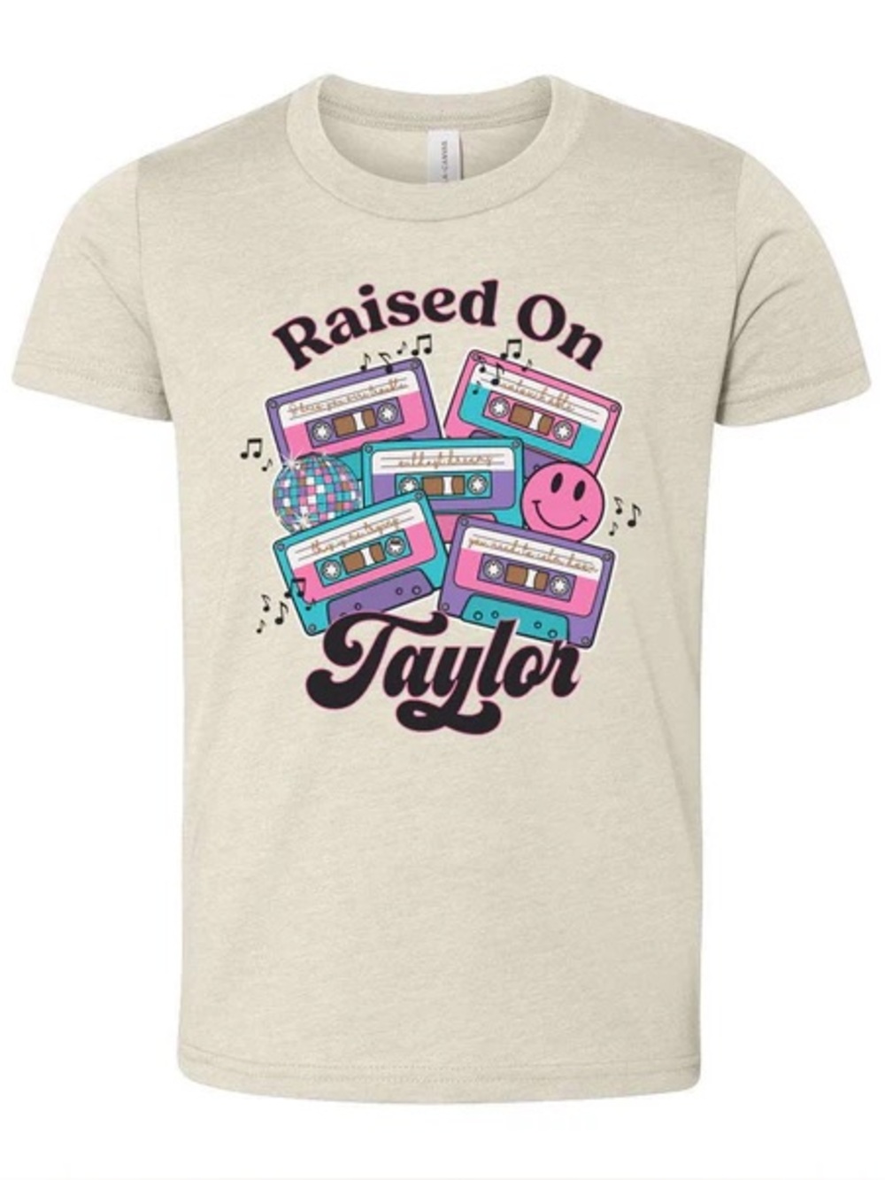 NWOT: Bella Canvas Beige Tee with Colorful Cassette Graphic